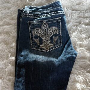 Miss Me Dark Blue Skinny Jeans with Embroidered Fleur-de-Lis Pocket